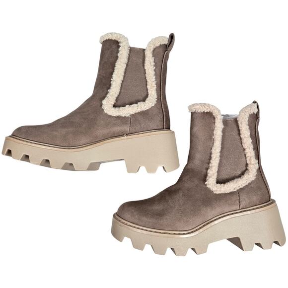 Dolce Vita Lug Sole Chelsea Boots Faux Suede Sherpa Trim Platform Ankle Booties - Picture 3 of 11